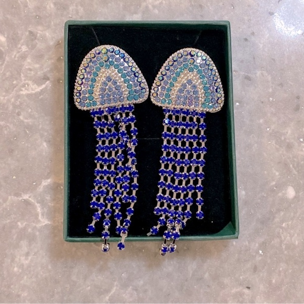 NEW! Statement Earrings Long Tassel Unique Rhinestone Drop Crystal Dangling Blue - Picture 5 of 10